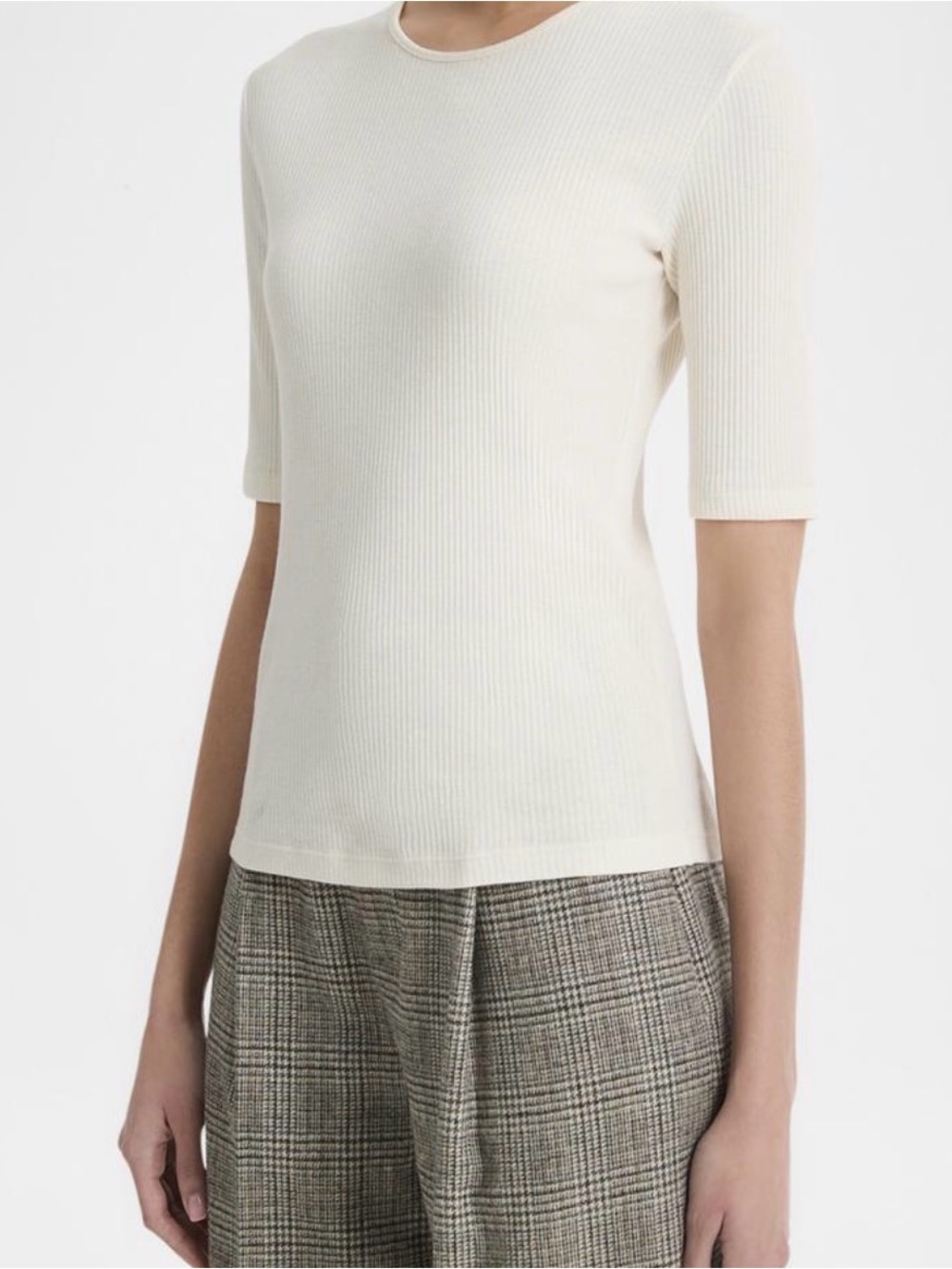 Vince White Ribbed Elbow Sleeve Crewneck Top XS